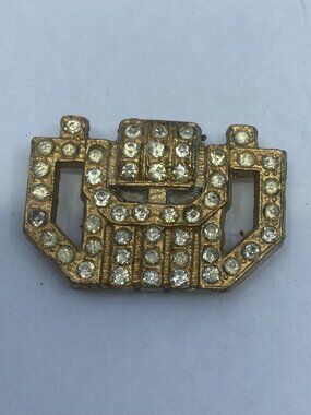 Antique vtg Goody ? gold tone pewter rhinestone dress scarf clip brooch